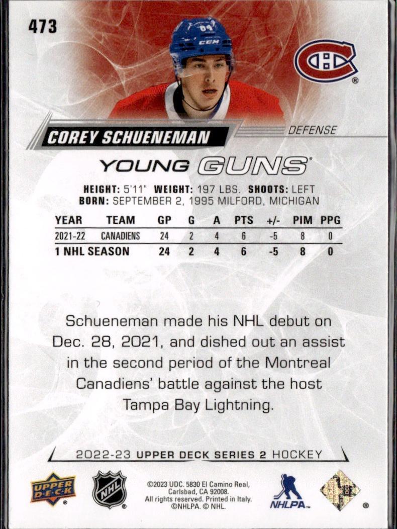 2022-23 Upper Deck Series 2 Hockey Base Young Guns #473 Montreal Canadiens (Corey Schueneman)