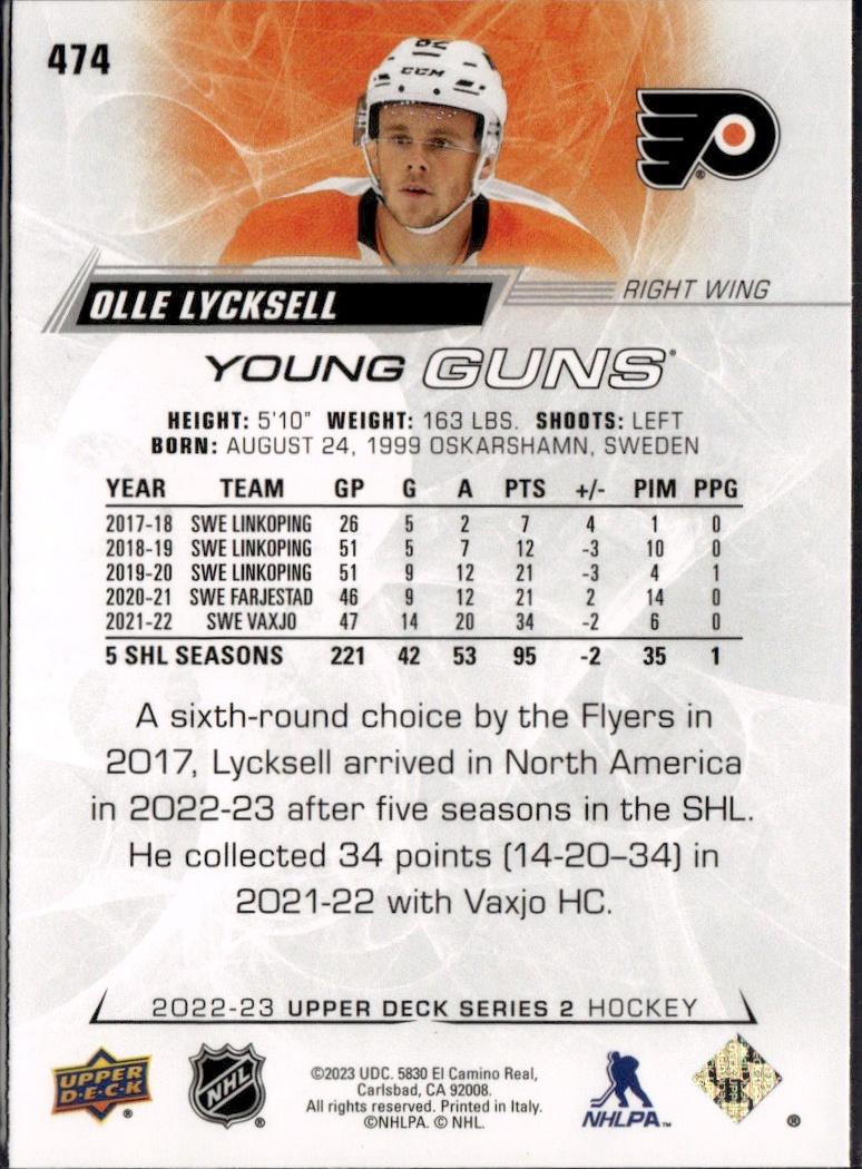 2022-23 Upper Deck Series 2 Hockey Base Young Guns #474 Philadelphia Flyers (Olle Lycksell)