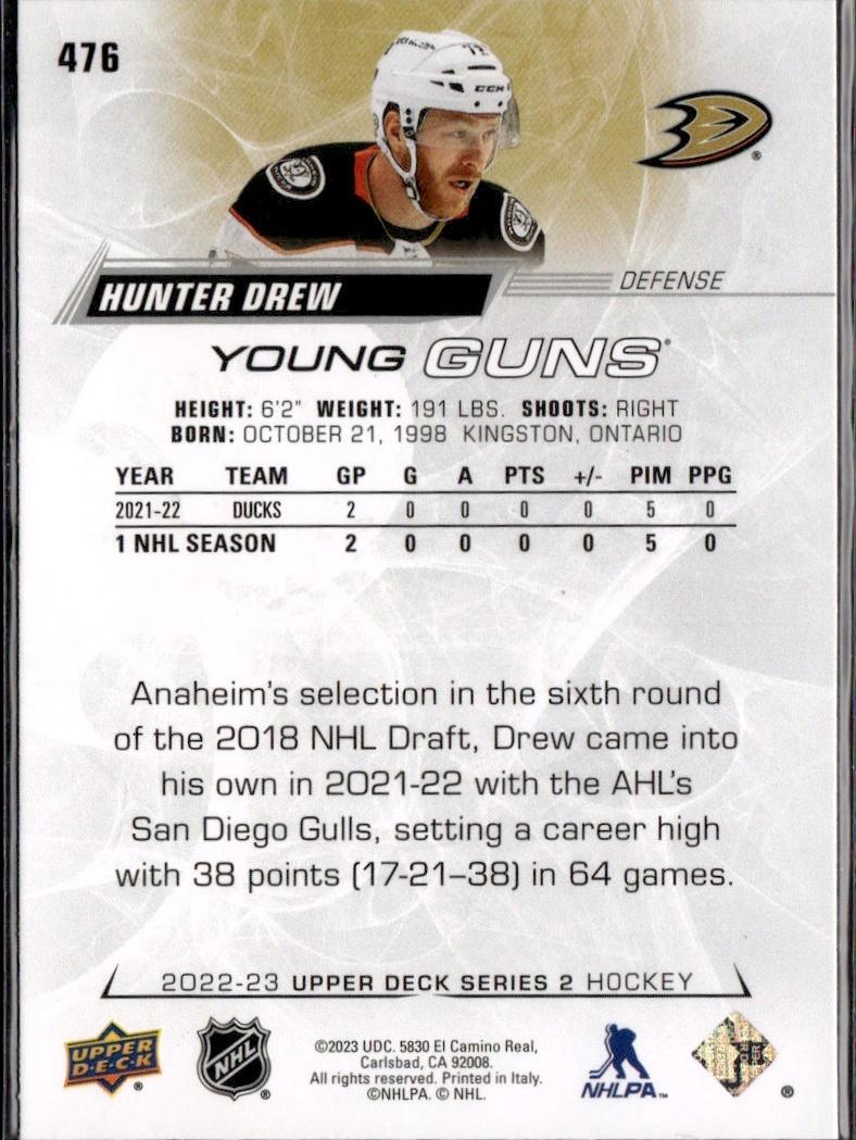 2022-23 Upper Deck Series 2 Hockey Base Young Guns #476 Anaheim Ducks (Hunter Drew)