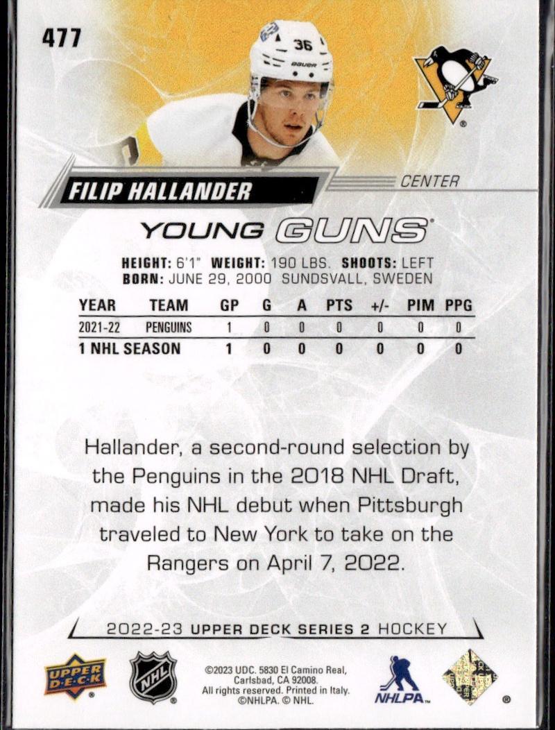 2022-23 Upper Deck Series 2 Hockey Base Young Guns #477 Pittsburgh Penguins (Filip Hallander)