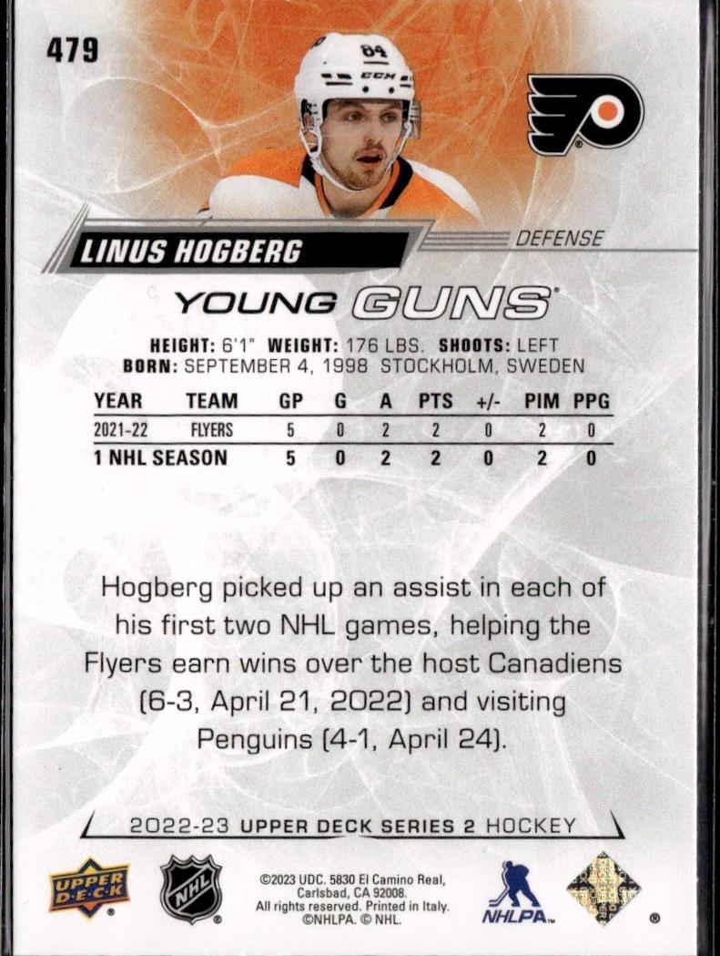 2022-23 Upper Deck Series 2 Hockey Base Young Guns #479 Philadelphia Flyers (Linus Hogberg)