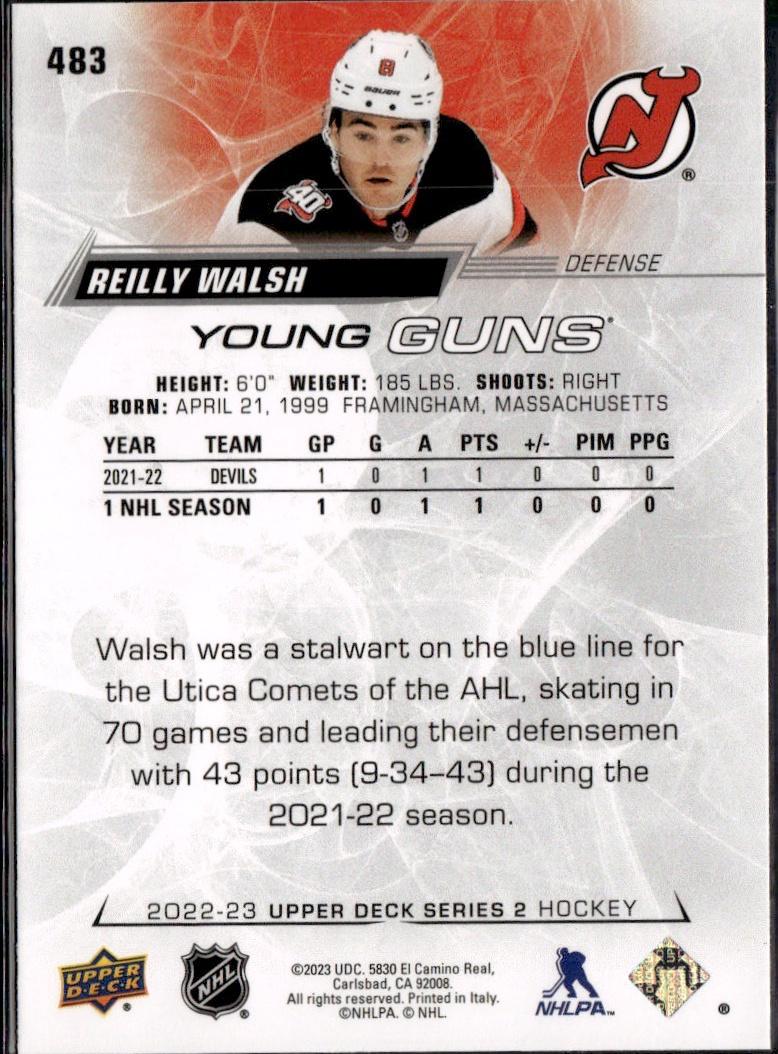 2022-23 Upper Deck Series 2 Hockey Base Young Guns #483 New Jersey Devils (Reilly Walsh)