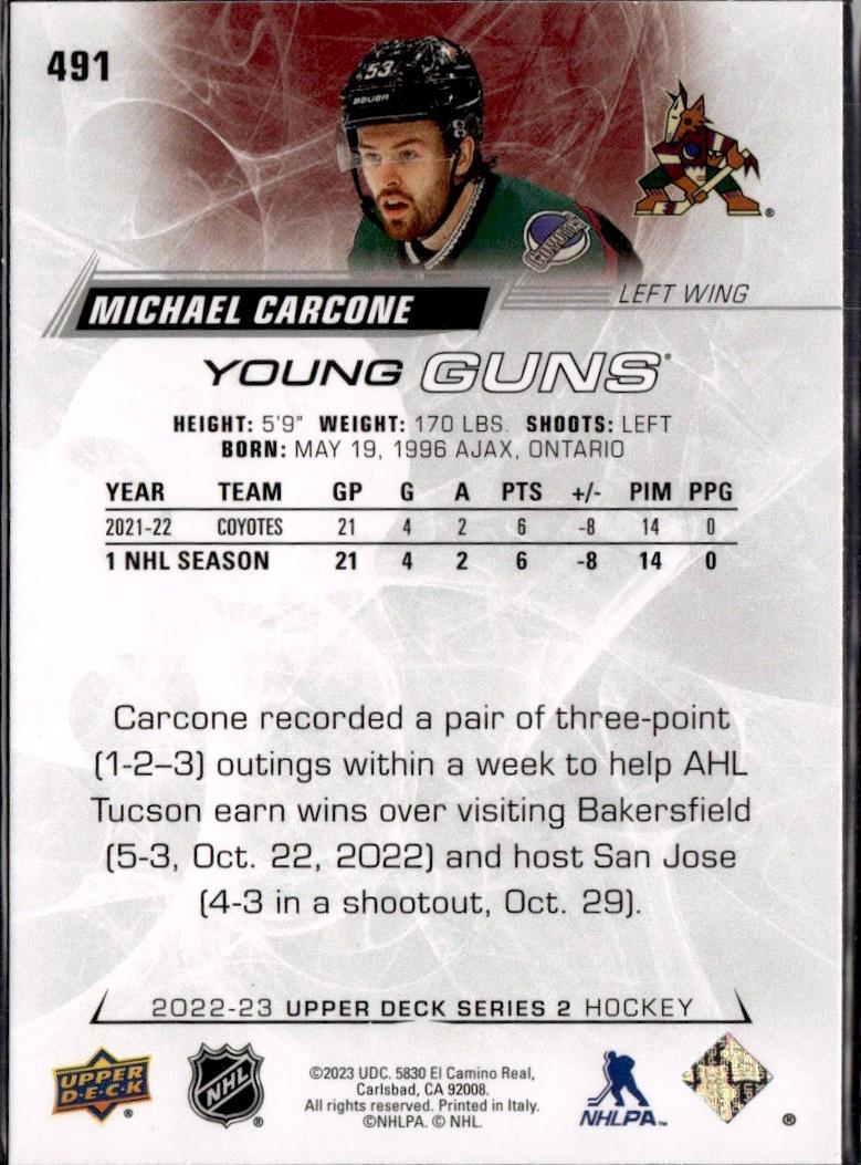 2022-23 Upper Deck Series 2 Hockey Base Young Guns #491 Arizona Coyotes (Michael Carcone)