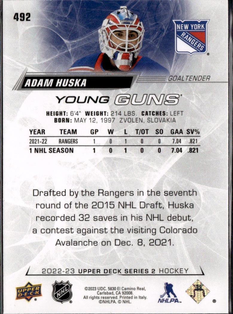 2022-23 Upper Deck Series 2 Hockey Base Young Guns #492 New York Rangers (Adam Huska)