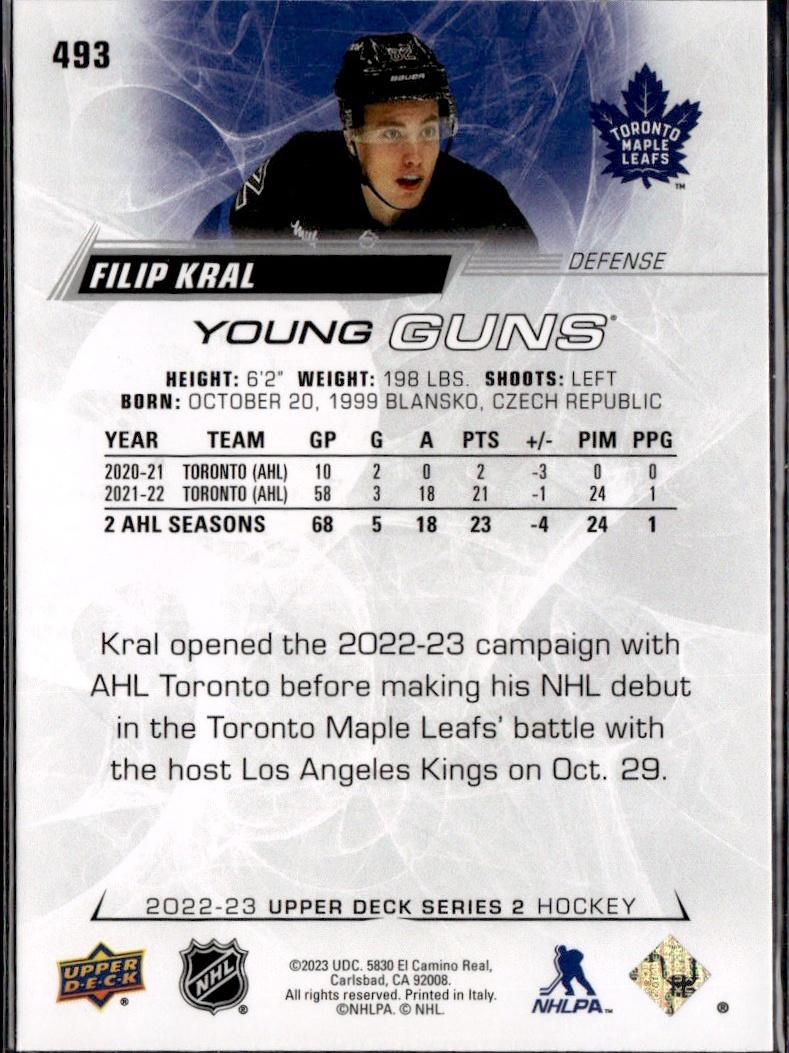 2022-23 Upper Deck Series 2 Hockey Base Young Guns #493 Toronto Maple Leafs (Filip Kral)