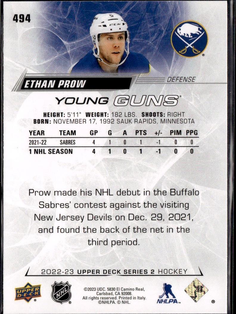 2022-23 Upper Deck Series 2 Hockey Base Young Guns #494 Buffalo Sabres (Ethan Prow)