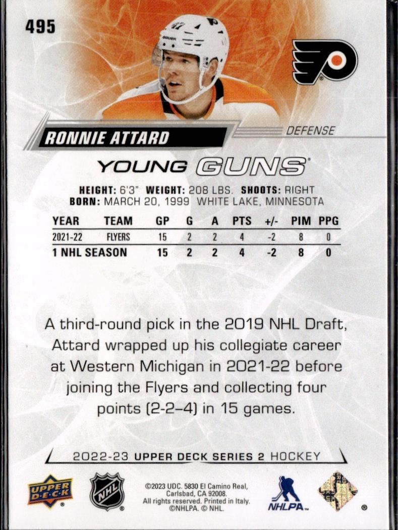 2022-23 Upper Deck Series 2 Hockey Base Young Guns #495 Philadelphia Flyers (Ronnie Attard)