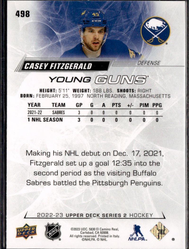 2022-23 Upper Deck Series 2 Hockey Base Young Guns #498 Buffalo Sabres (Casey Fitzgerald)