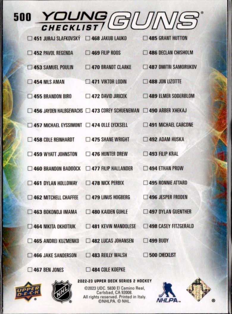 2022-23 Upper Deck Series 2 Hockey Base Young Guns #500 Montreal Canadiens, Seattle Kraken (Young Guns Checklist (Juraj Slafkovsky / Shane Wright) YG, CL)