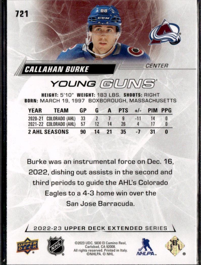 2022-23 Upper Deck Extended Series Hockey Base Young Guns #721 Colorado Avalanche (Callahan Burke)