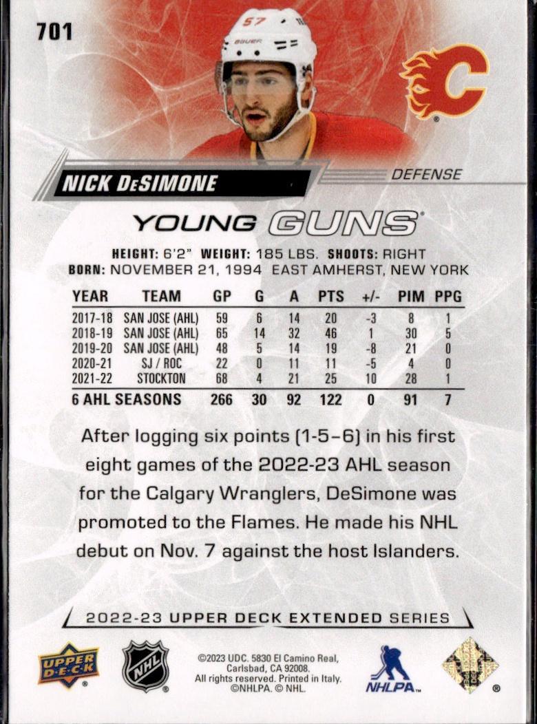 2022-23 Upper Deck Extended Series Hockey Base Young Guns #701 Calgary Flames (Nick DeSimone)