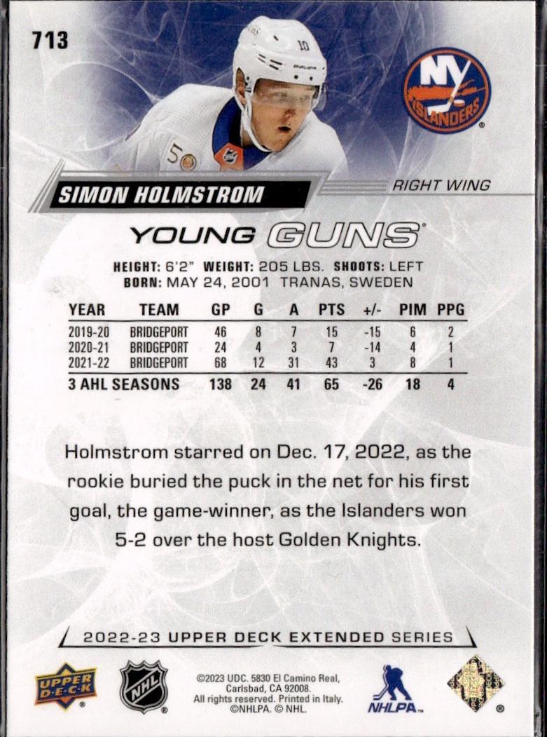 2022-23 Upper Deck Extended Series Hockey Base Young Guns #713 New York Islanders (Simon Holmstrom)