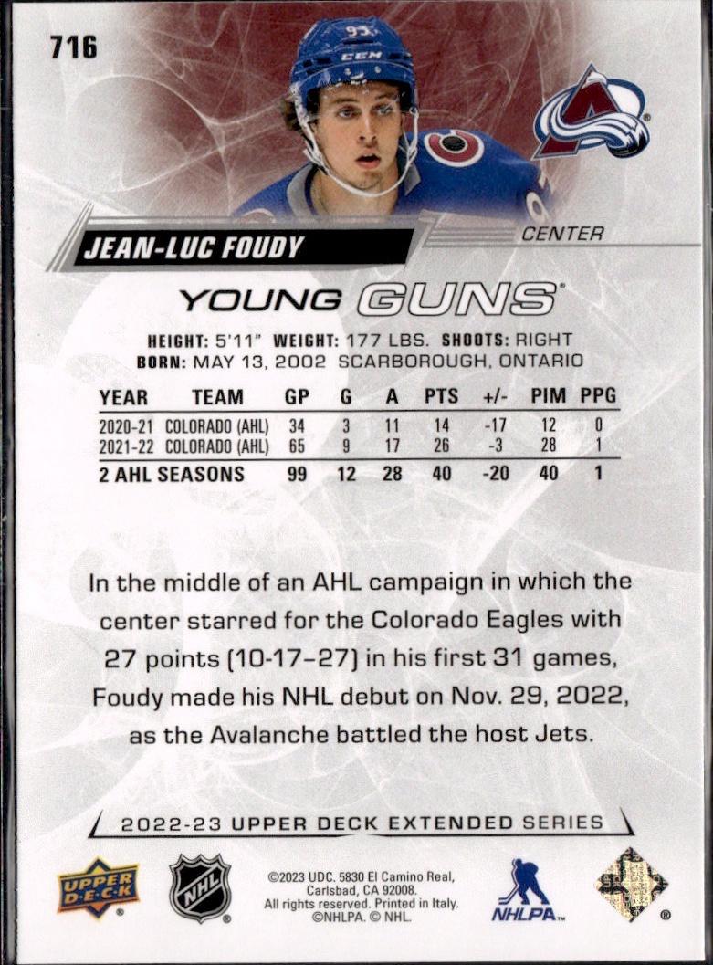 2022-23 Upper Deck Extended Series Hockey Base Young Guns #716 Colorado Avalanche (Jean-Luc Foudy)