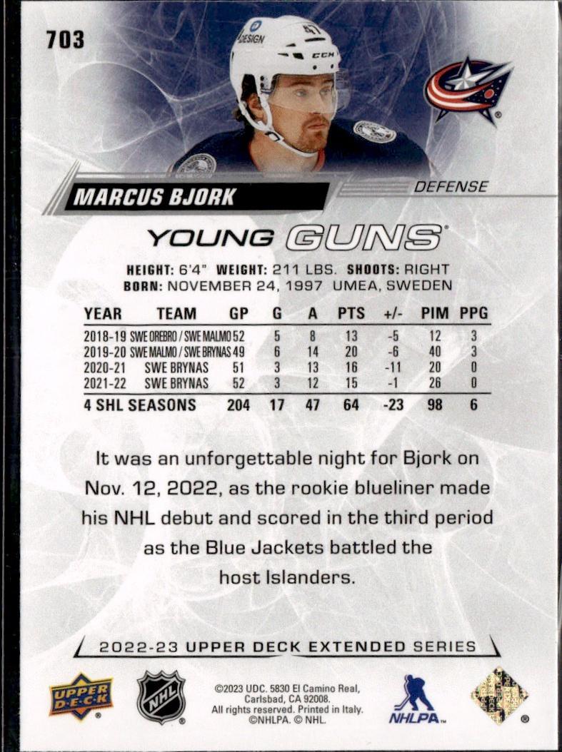 2022-23 Upper Deck Extended Series Hockey Base Young Guns #703 Columbus Blue Jackets (Marcus Bjork)