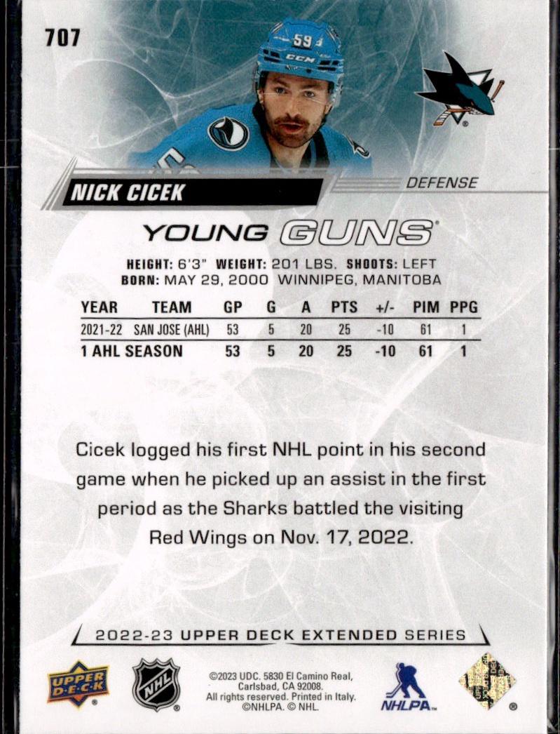 2022-23 Upper Deck Extended Series Hockey Base Young Guns #707 San Jose Sharks (Nick Cicek)