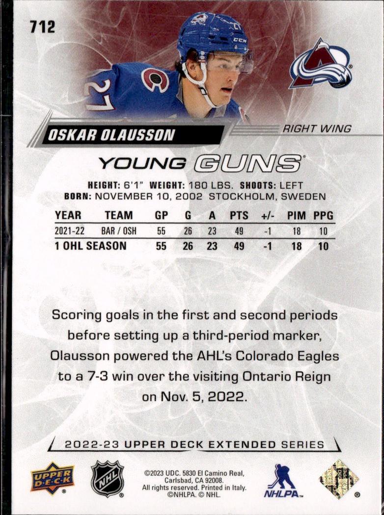 2022-23 Upper Deck Extended Series Hockey Base Young Guns #712 Colorado Avalanche (Oskar Olausson)