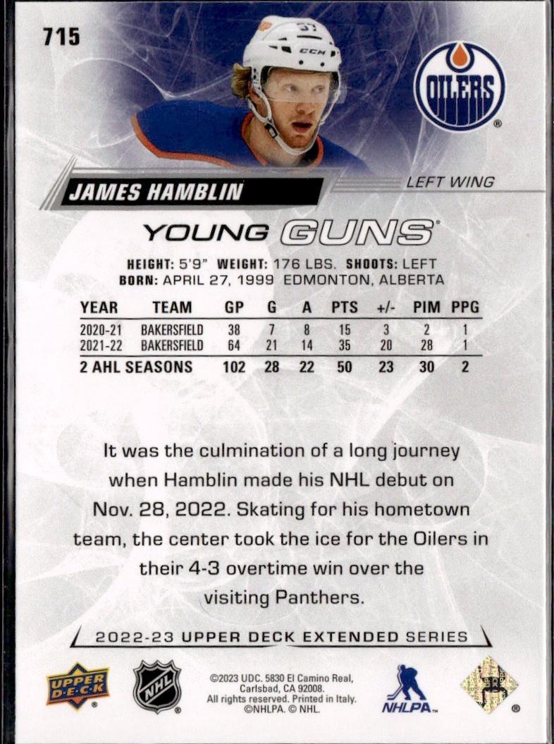 2022-23 Upper Deck Extended Series Hockey Base Young Guns #715 Edmonton Oilers (James Hamblin)
