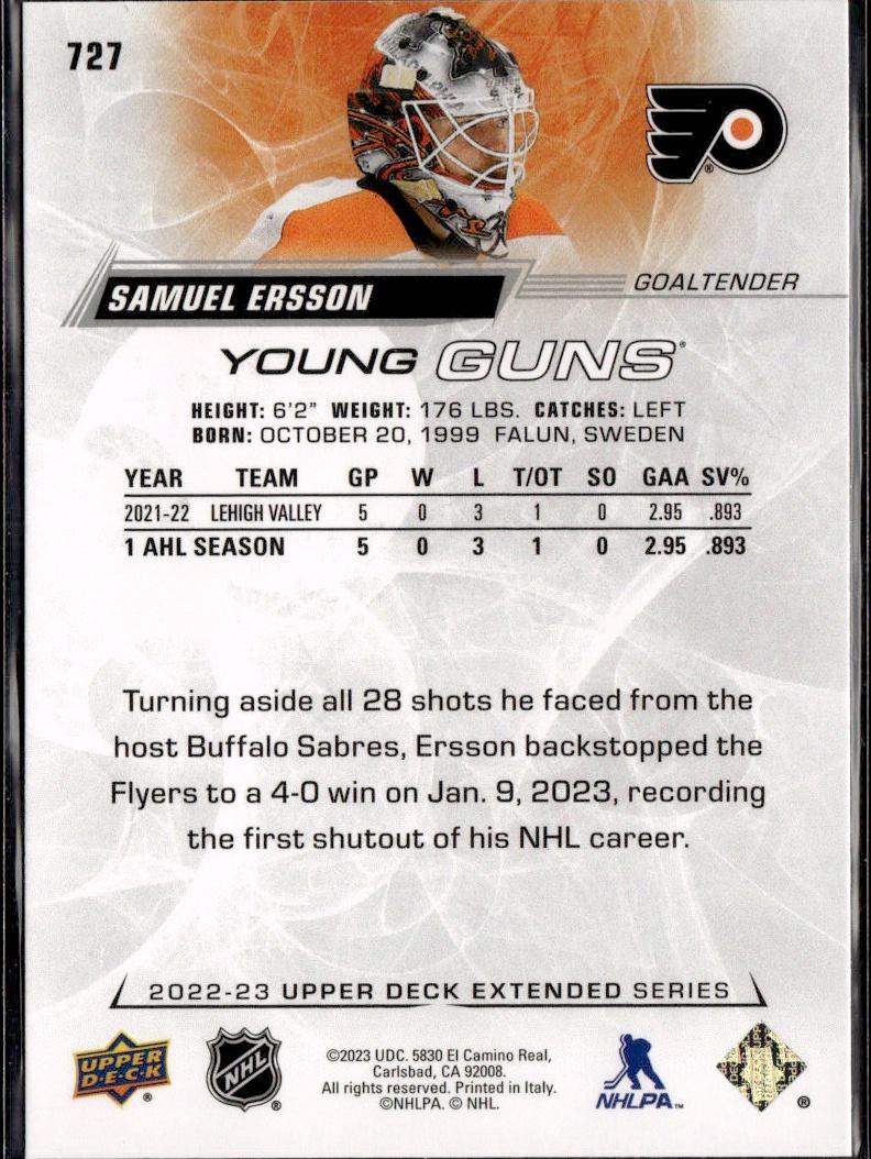 2022-23 Upper Deck Extended Series Hockey Base Young Guns #727 Philadelphia Flyers (Samuel Ersson)