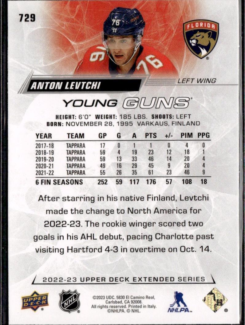2022-23 Upper Deck Extended Series Hockey Base Young Guns #729 Florida Panthers (Anton Levtchi)