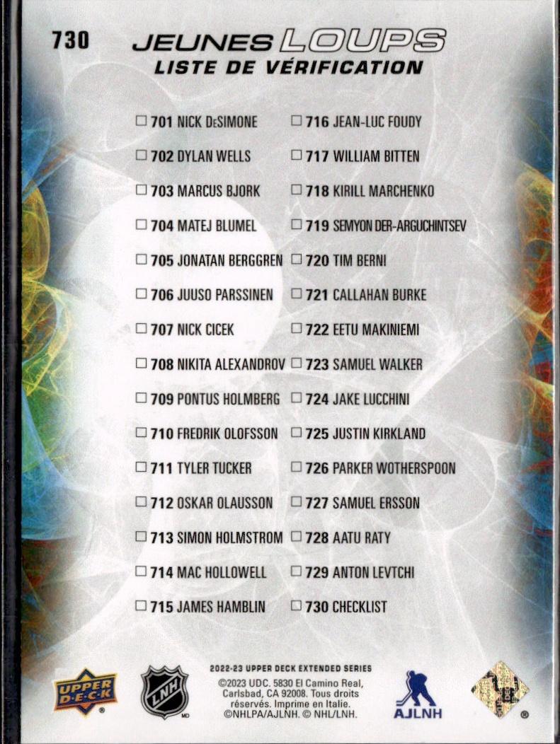 2022-23 Upper Deck Extended Series Hockey Base Young Guns French (Variante Française) #730 (Young Guns Checklist (Jonatan Berggren / Pontus Holmberg) YG, CL)