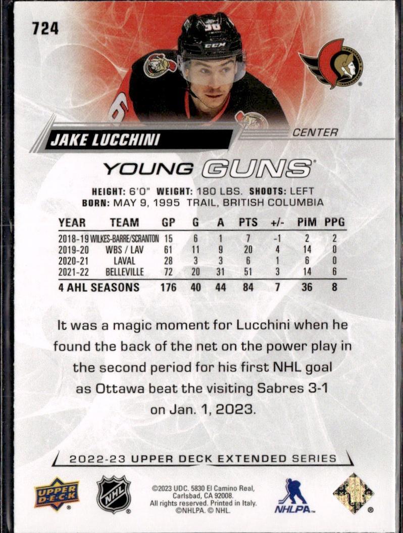 2022-23 Upper Deck Extended Series Hockey Base Young Guns #724 Ottawa Senators (Jake Lucchini)