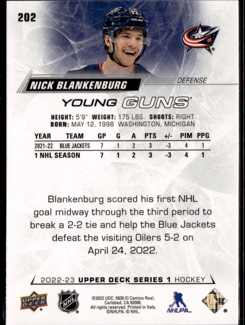 2022-23 Upper Deck Series 1 Hockey Base Young Guns #202 Columbus Blue Jackets (Nick Blankenburg)