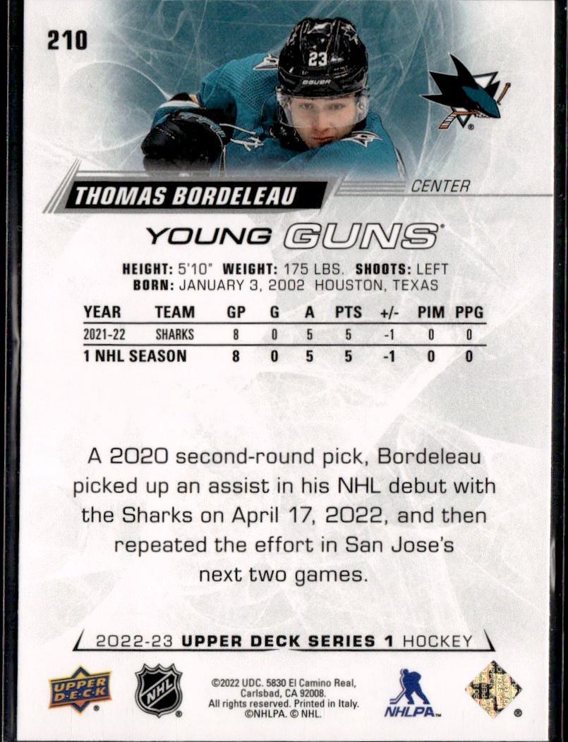 2022-23 Upper Deck Series 1 Hockey Base Young Guns #210 San Jose Sharks (Thomas Bordeleau)