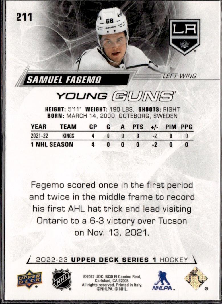 2022-23 Upper Deck Series 1 Hockey Base Young Guns #211 Los Angeles Kings (Samuel Fagemo)