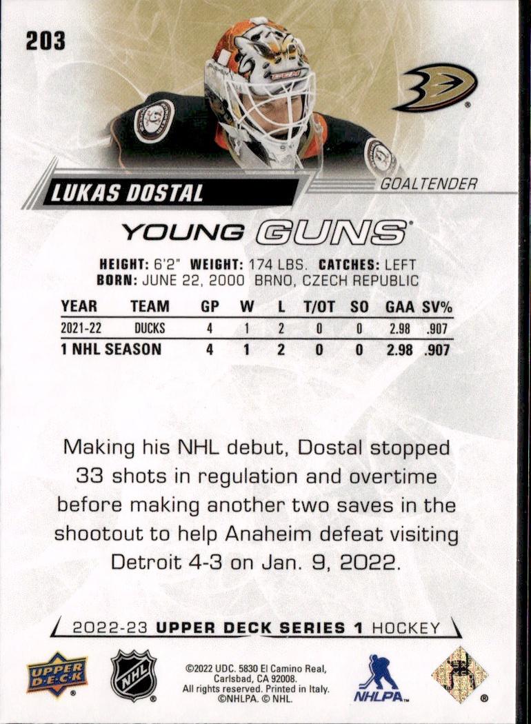 2022-23 Upper Deck Series 1 Hockey Base Young Guns #203 Anaheim Ducks (Lukas Dostal)