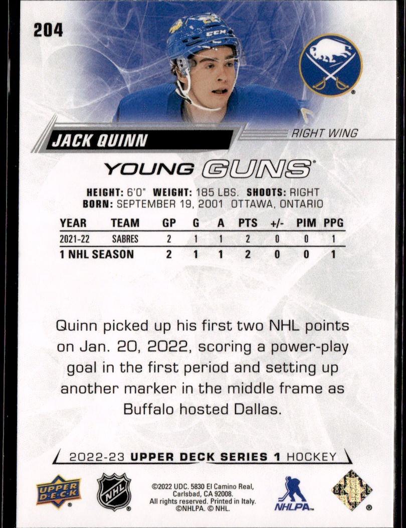 2022-23 Upper Deck Series 1 Hockey Base Young Guns #204 Buffalo Sabres (Jack Quinn)