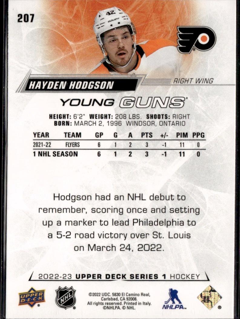 2022-23 Upper Deck Series 1 Hockey Base Young Guns #207 Philadelphia Flyers (Hayden Hodgson)