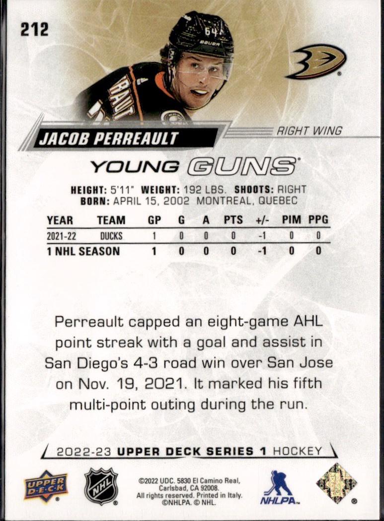 2022-23 Upper Deck Series 1 Hockey Base Young Guns #212 Anaheim Ducks (Jacob Perreault)