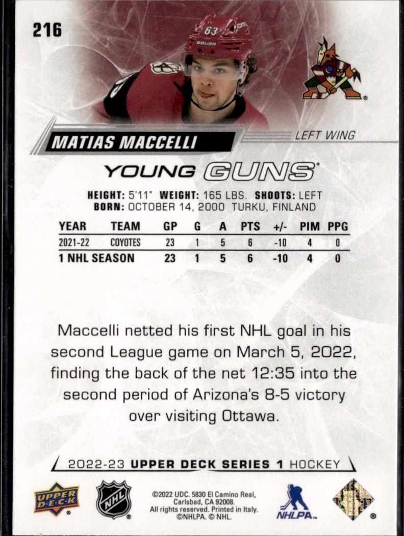 2022-23 Upper Deck Series 1 Hockey Base Young Guns #216 Arizona Coyotes (Matias Maccelli)