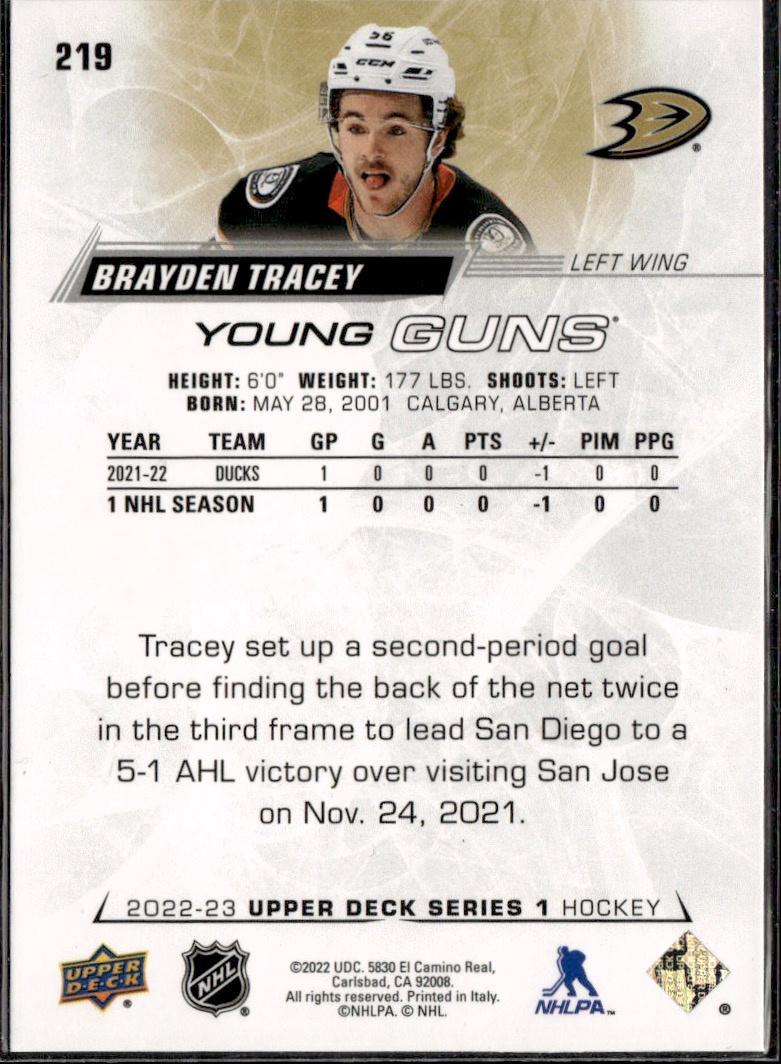 2022-23 Upper Deck Series 1 Hockey Base Young Guns #219 Anaheim Ducks (Brayden Tracey)
