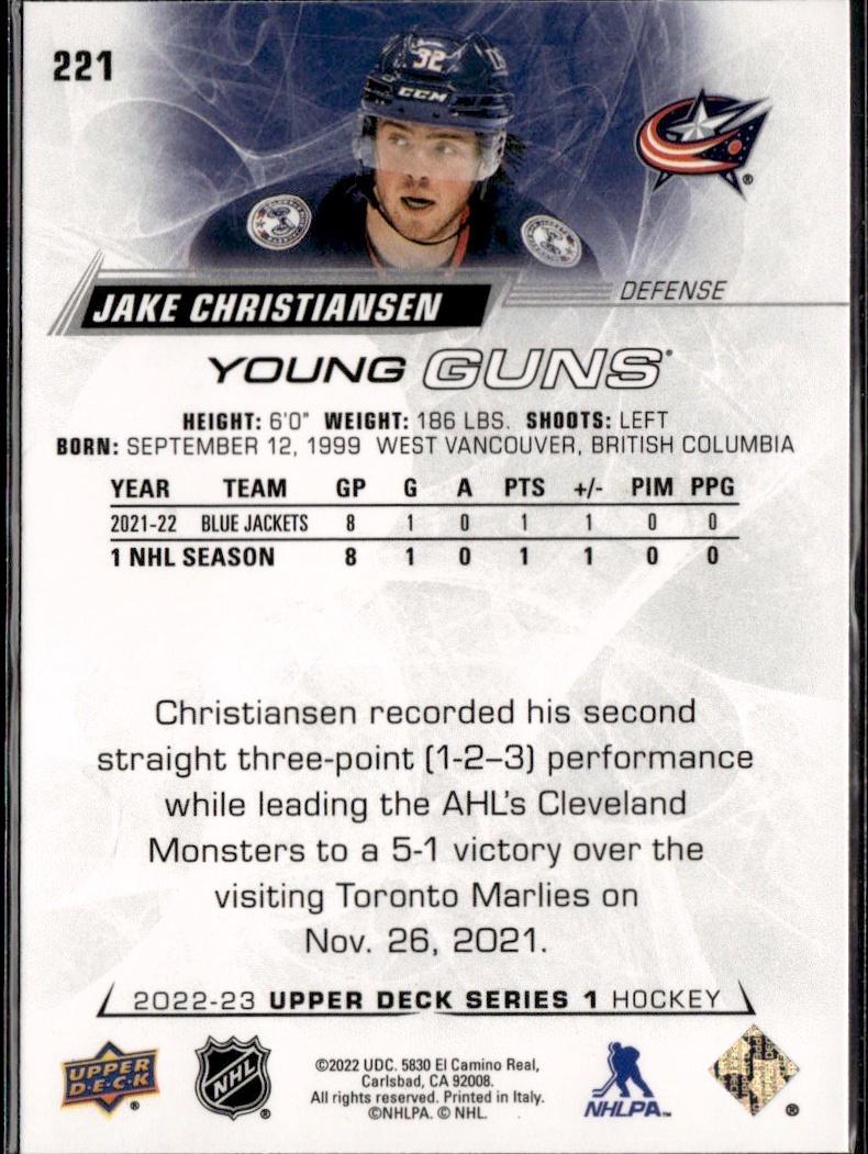 2022-23 Upper Deck Series 1 Hockey Base Young Guns #221 Columbus Blue Jackets (Jake Christiansen)