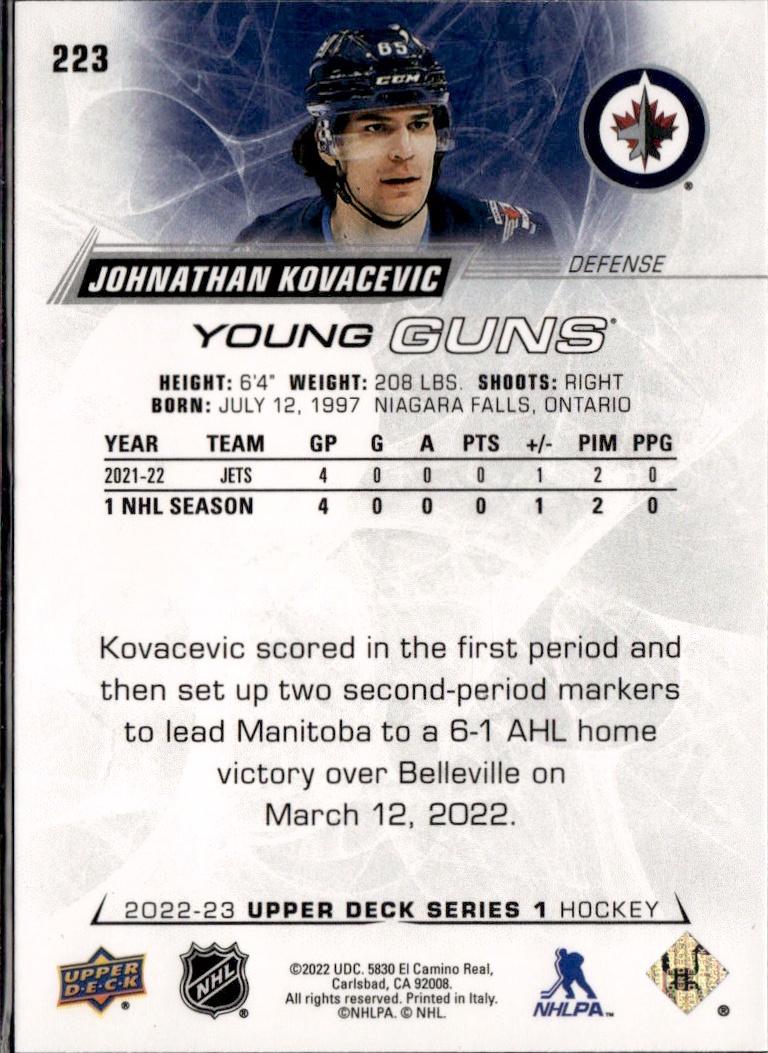2022-23 Upper Deck Series 1 Hockey Base Young Guns #223 Winnipeg Jets (Johnny Kovacevic)
