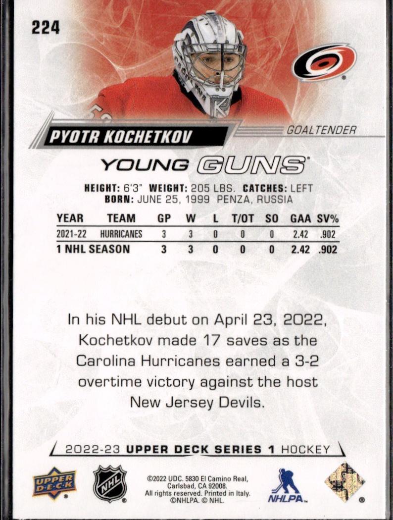 2022-23 Upper Deck Series 1 Hockey Base Young Guns #224 Carolina Hurricanes (Pyotr Kochetkov)