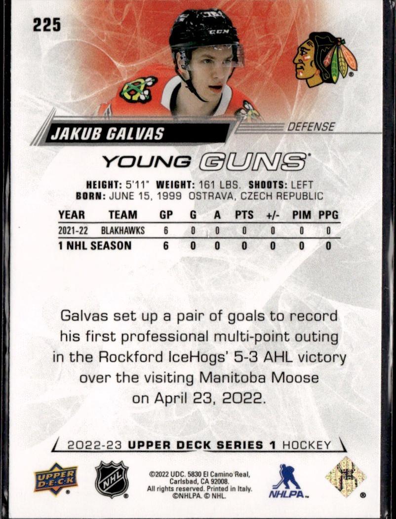 2022-23 Upper Deck Series 1 Hockey Base Young Guns #225 Chicago Blackhawks (Jakub Galvas)