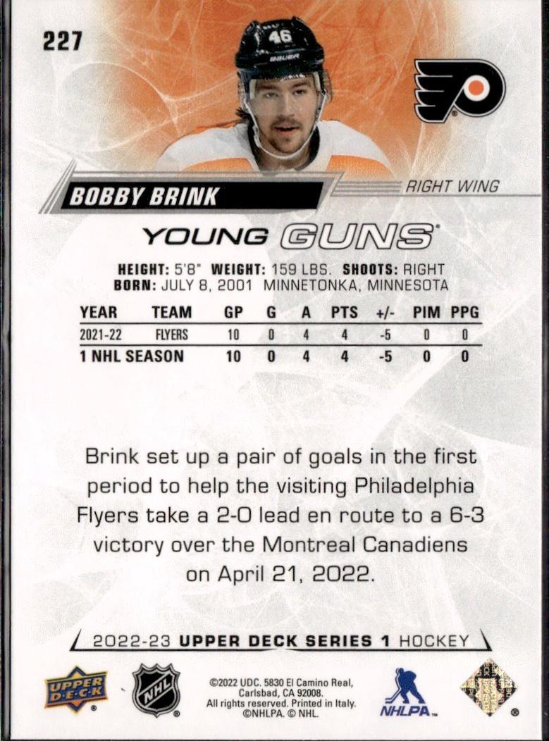 2022-23 Upper Deck Series 1 Hockey Base Young Guns #227 Philadelphia Flyers (Bobby Brink)