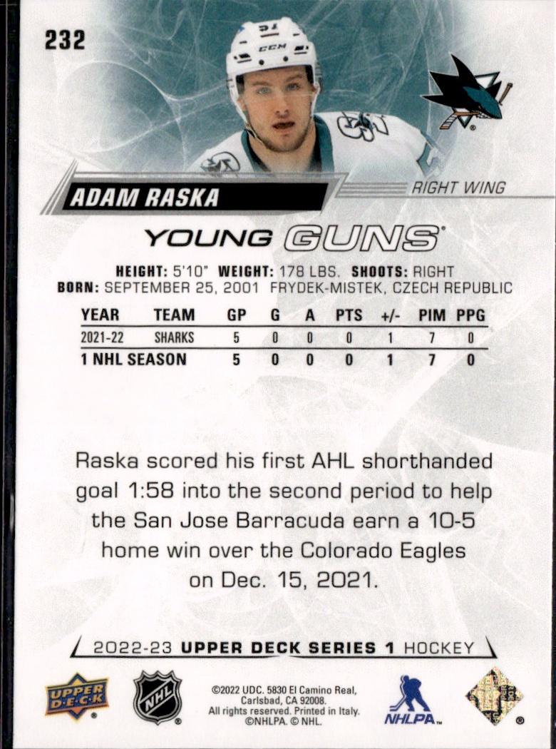 2022-23 Upper Deck Series 1 Hockey Base Young Guns #232 San Jose Sharks (Adam Raska)