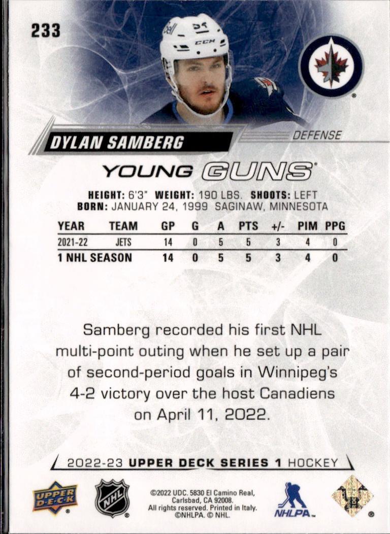 2022-23 Upper Deck Series 1 Hockey Base Young Guns #233 Winnipeg Jets (Dylan Samberg)