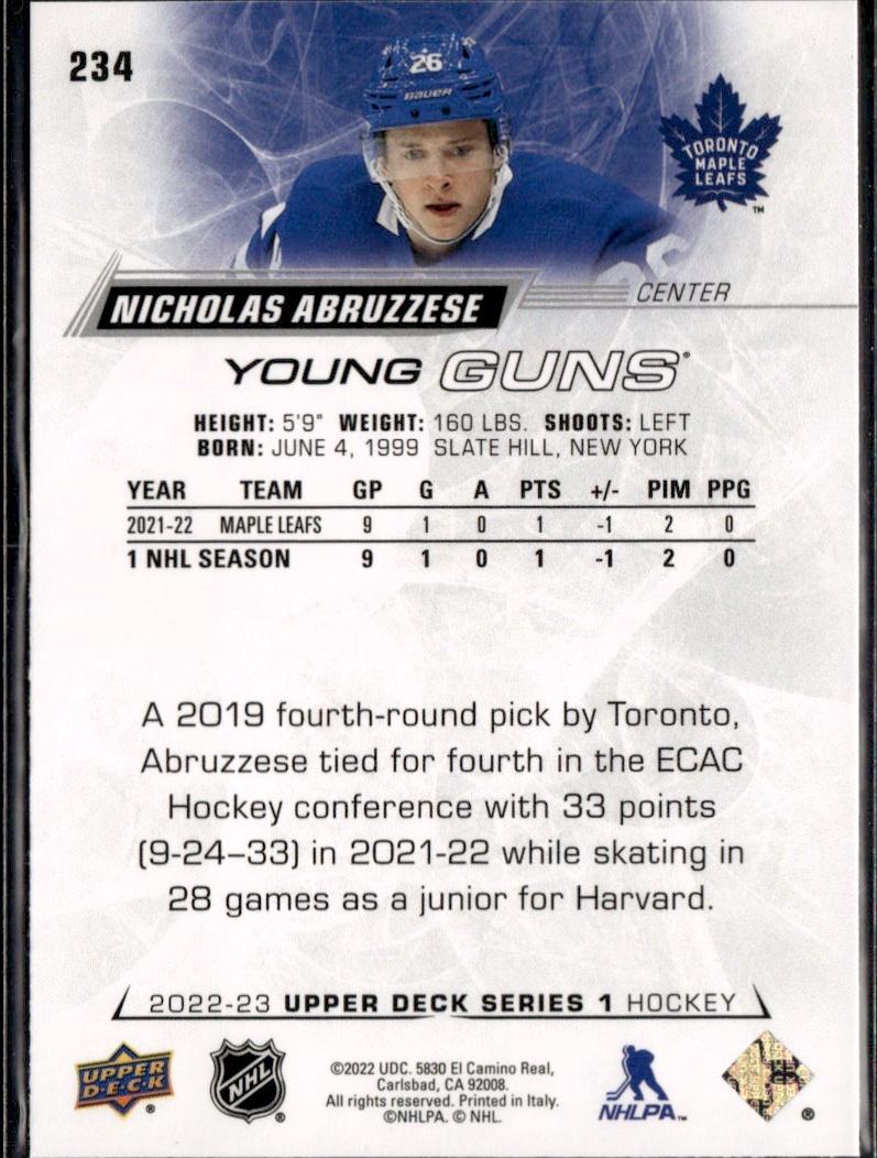 2022-23 Upper Deck Series 1 Hockey Base Young Guns #234 Toronto Maple Leafs (Nicholas Abruzzese)