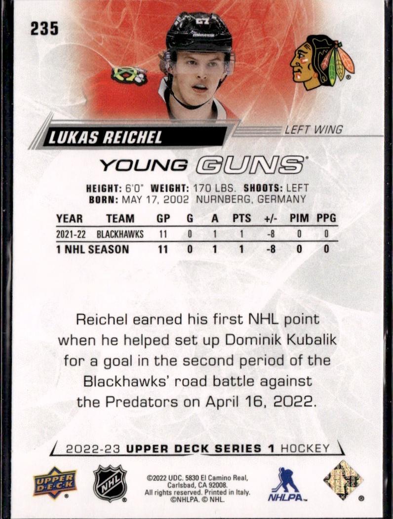 2022-23 Upper Deck Series 1 Hockey Base Young Guns #235 Chicago Blackhawks (Lukas Reichel)