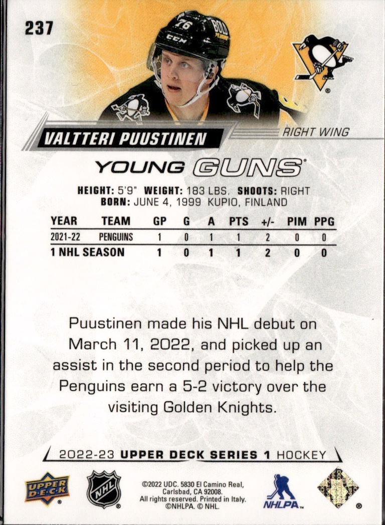 2022-23 Upper Deck Series 1 Hockey Base Young Guns #237 Pittsburgh Penguins (Valtteri Puustinen)