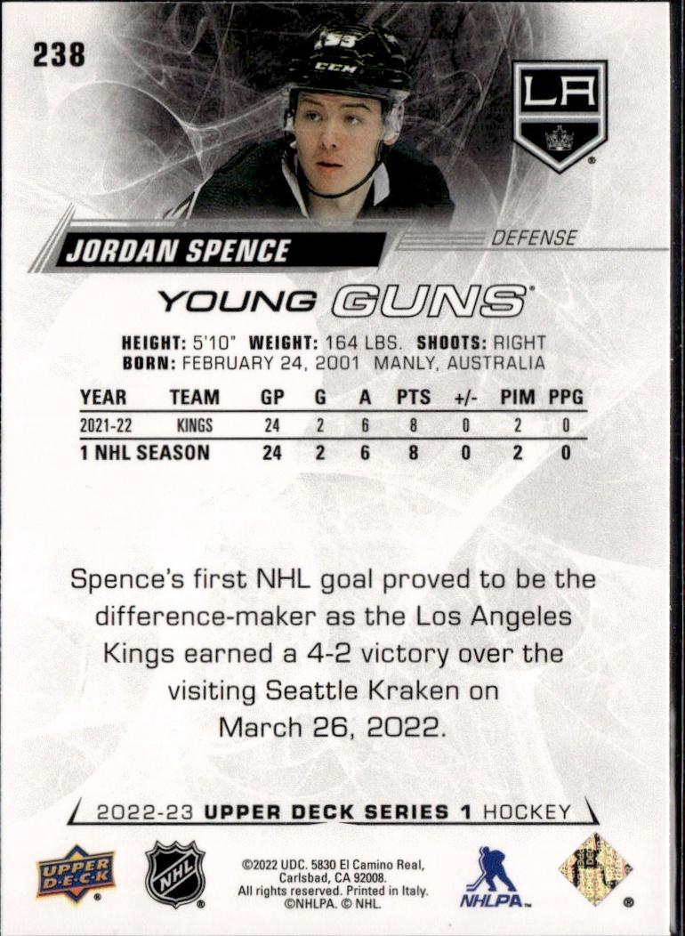 2022-23 Upper Deck Series 1 Hockey Base Young Guns #238 Los Angeles Kings (Jordan Spence)