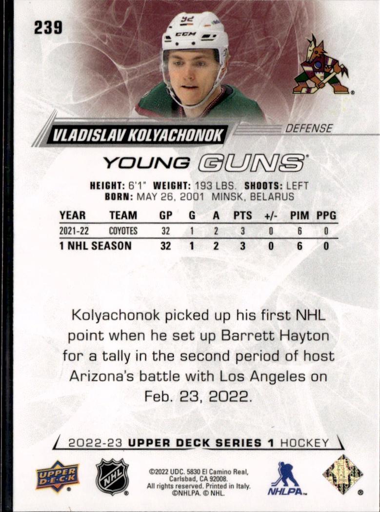 2022-23 Upper Deck Series 1 Hockey Base Young Guns #239 Arizona Coyotes (Vladislav Kolyachonok)