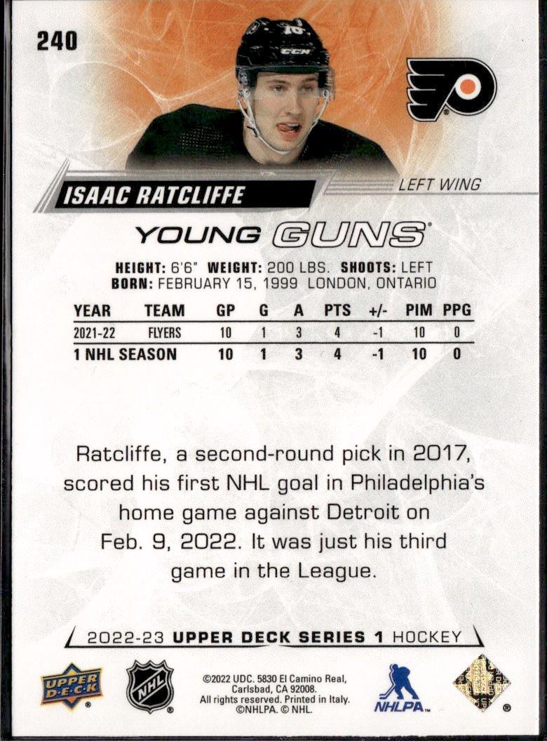 2022-23 Upper Deck Series 1 Hockey Base Young Guns #240 Philadelphia Flyers (Isaac Ratcliffe)