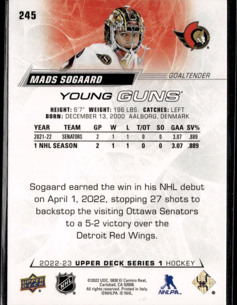 2022-23 Upper Deck Series 1 Hockey Base Young Guns #245 Ottawa Senators (Mads Sogaard)