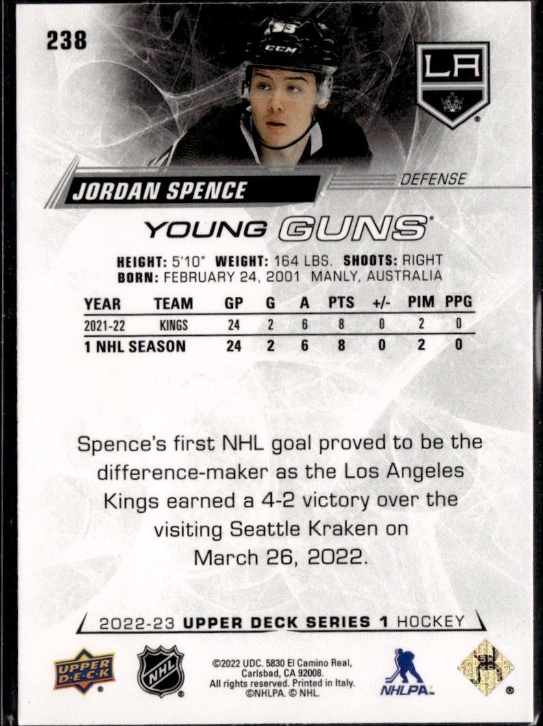 2022-23 Upper Deck Series 1 Hockey Base Young Guns #238 Los Angeles Kings (Jordan Spence)