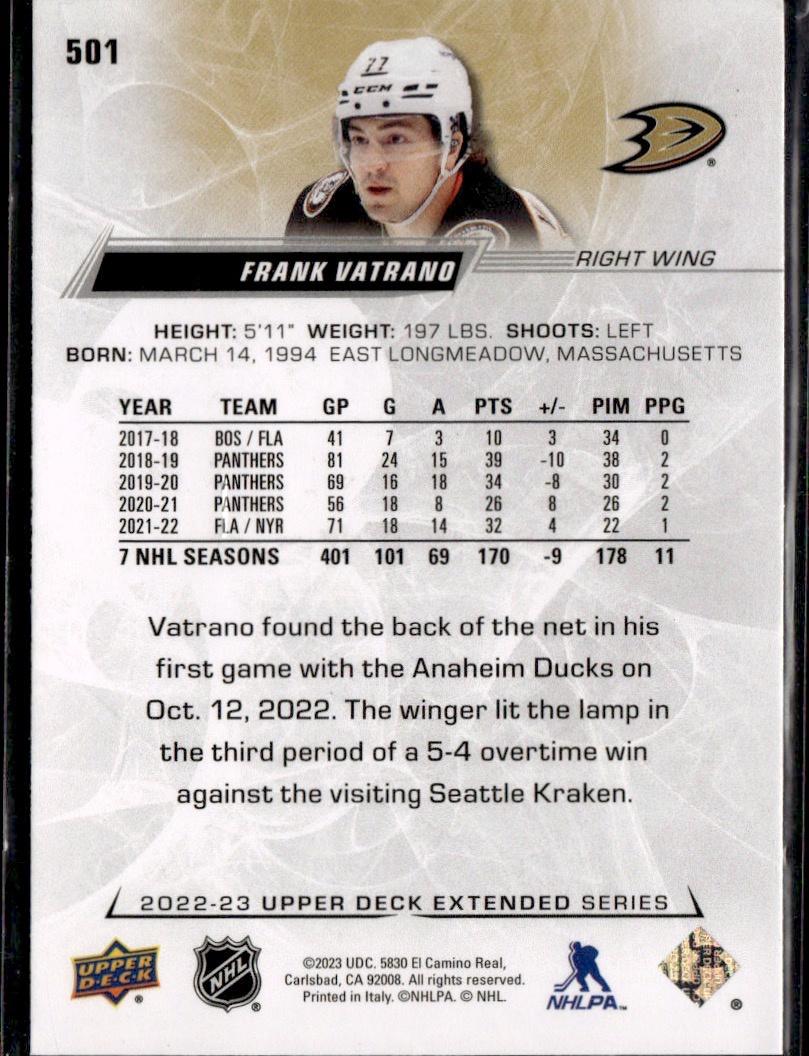 2022-23 Upper Deck Extended Series Hockey Base UD Exclusives #/100 #501 Anaheim Ducks (Frank Vatrano)